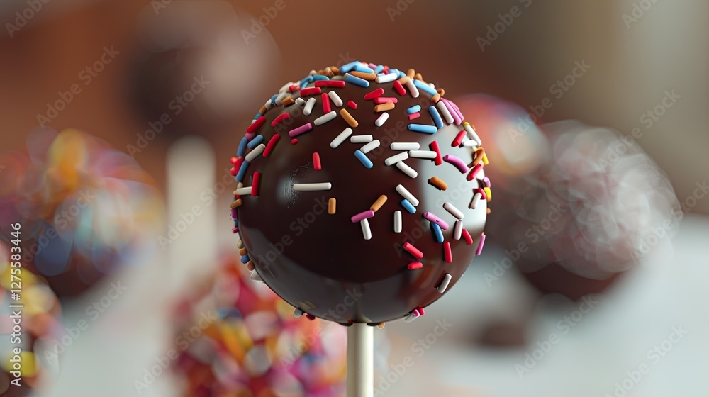 Poster Colorful chocolate lollipop topped with vibrant sprinkles centered in a blurred background creating a playful dessert scene delightfully appetizing.