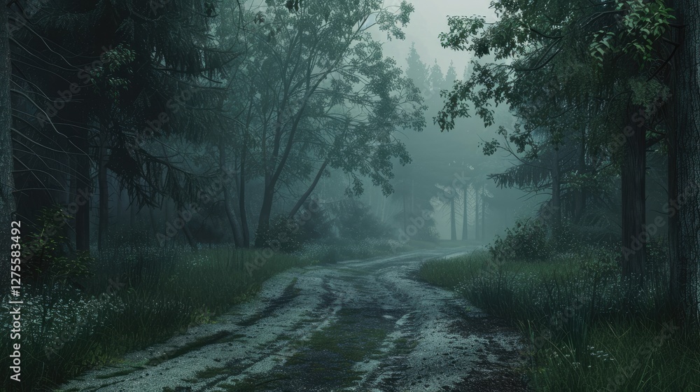 Aufkleber Misty country road winding through dense green forest with soft light filtering through trees on a tranquil spring morning