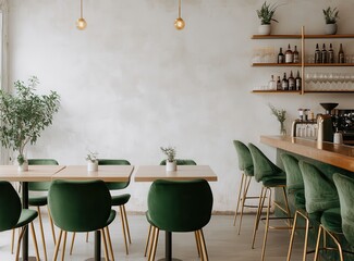 Obraz premium Charming caf? interior featuring plush green velvet chairs and rustic wooden accents for a cozy ambiance.