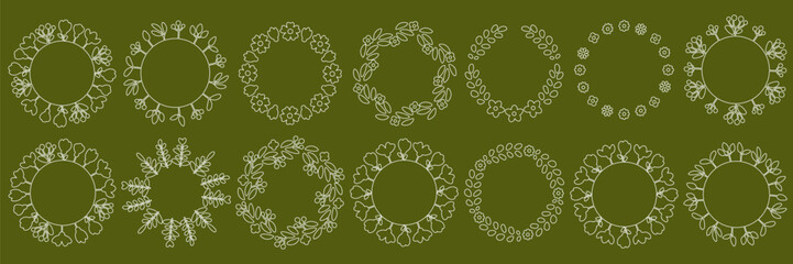 Large set of drawn botanical round frames, floral wreaths. Spring, summer wreaths, clip art for postcards. Logo. Wedding laurel wreaths for invitation card.
