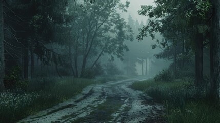 Obraz premium Misty country road winding through dense green forest with soft light filtering through trees on a tranquil spring morning