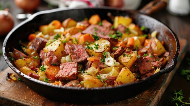Sizzling corned beef hash featuring golden potatoes, vibrant carrots, and green cabbage in a rustic cast iron skillet on a wooden surface.