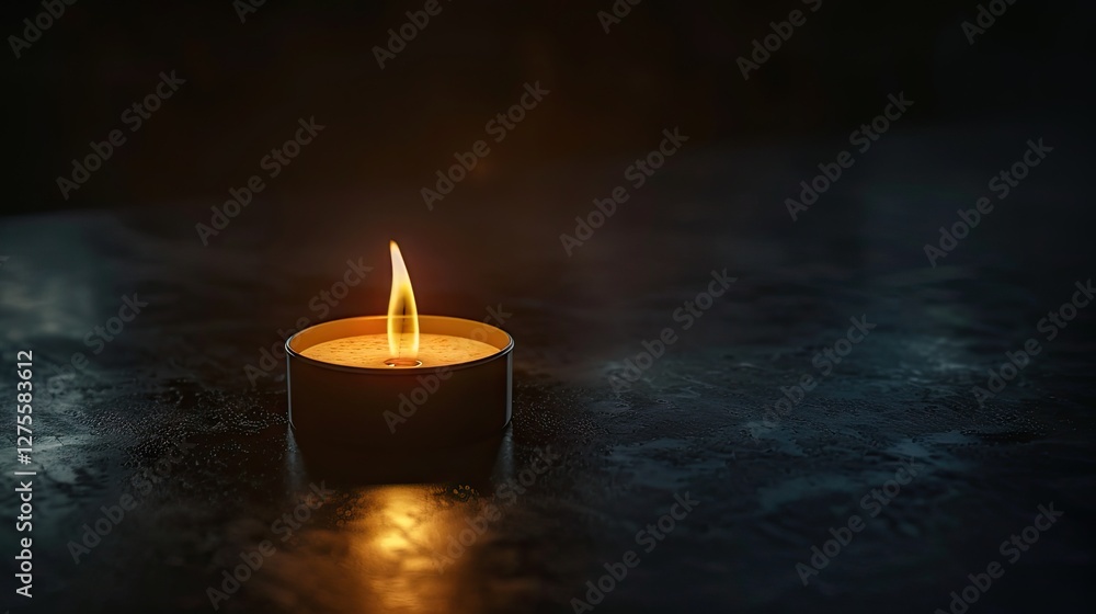 Poster gentle flickering tea light candle in a small round holder glowing softly on a dark reflective table