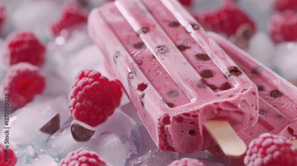 Poster colorful raspberry ice pops with chocolate chips resting on crushed ice, surrounded by fresh raspber