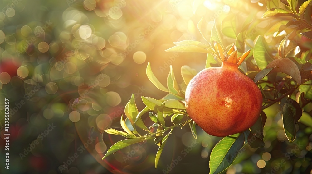 Poster Orange pomegranate fruit hanging on lush green branches illuminated by warm sunlight creating a bokeh effect in a tranquil garden setting