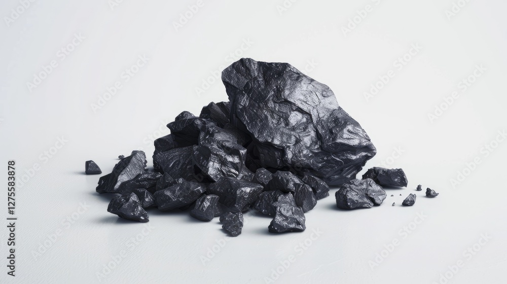 Aufkleber Black coal pieces scattered on a light gray background with larger irregular chunks of coal in the center and smaller fragments around them.