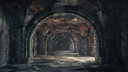 Fototapeta premium Dark, abandoned underground vaulted cellar with eroded stone arches, dim lighting, and scattered debris creating an eerie atmosphere.