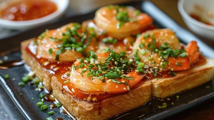 Chinese shrimp toast on toasted bread topped with green onions and sesame seeds, drizzled with sauce, served on a dark plate with dipping sauce.