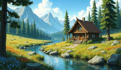 "A cozy wooden cabin nestled in a lush mountain valley, surrounded by tall pine trees and a serene, crystal-clear stream."







