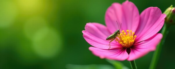 Obraz premium tiny flower with a tiny grasshopper on its petals, petal, floral details, insects