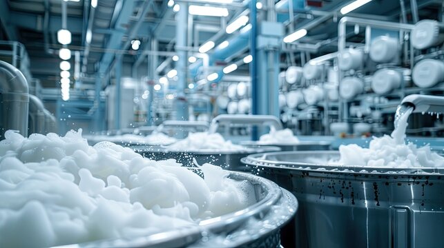 Production of detergent in a modern factory with large tanks filled with white foam, industrial setting, blue pipes, bright overhead lights. - Powered by Adobe