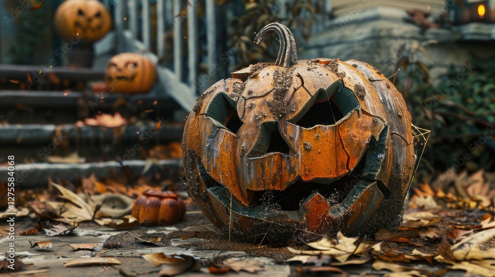 Poster rotting carved jack o lantern on a patio surrounded by autumn leaves with additional pumpkins in the