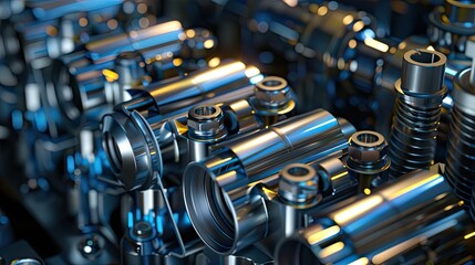 Close-up of polished metallic bearing caps in a complex arrangement showcasing intricate details with reflections highlighting blue and gold hues.