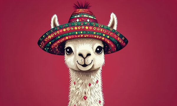 Festive Llama Portrait, Red Background, Stars