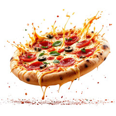 A close-up of a pepperoni pizza, with melted cheese dripping and sauce splattering around. The pizza has a crispy crust, and the vibrant red pepperoni contrasts against the gooey cheese.