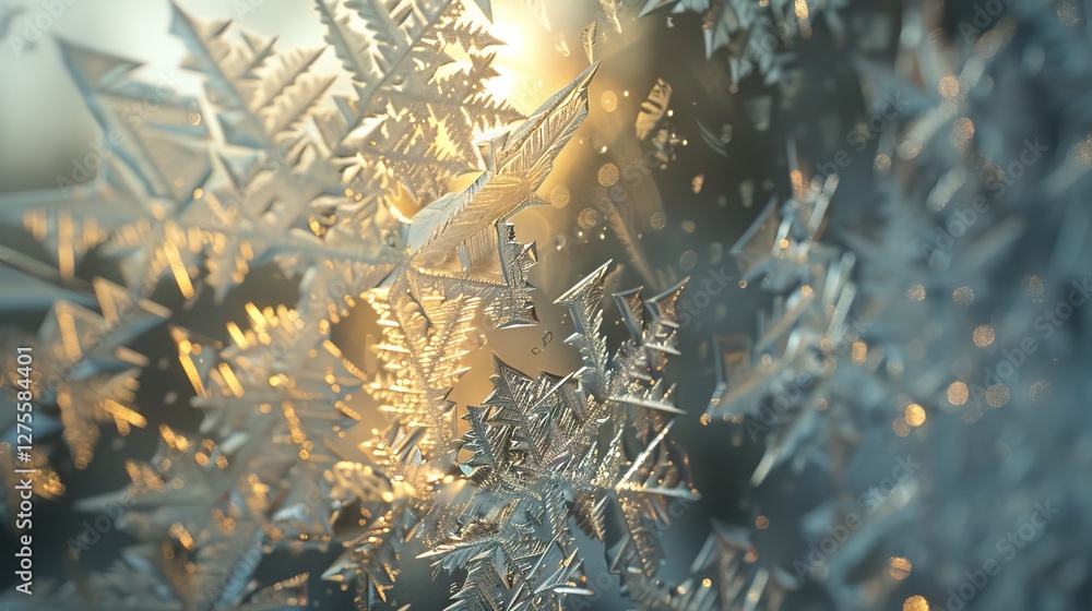 Leinwandbilder frosted window close-up featuring intricate ice crystals glistening in soft golden sunlight with blu