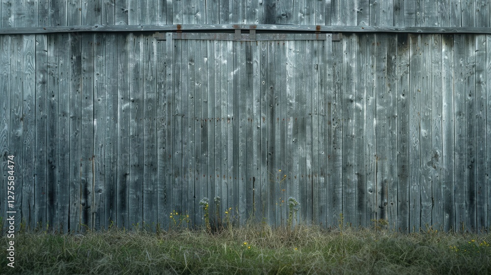 Aufkleber weathered grey barn wood backdrop with vertical planks, subtle textures, and overgrown grass at the 
