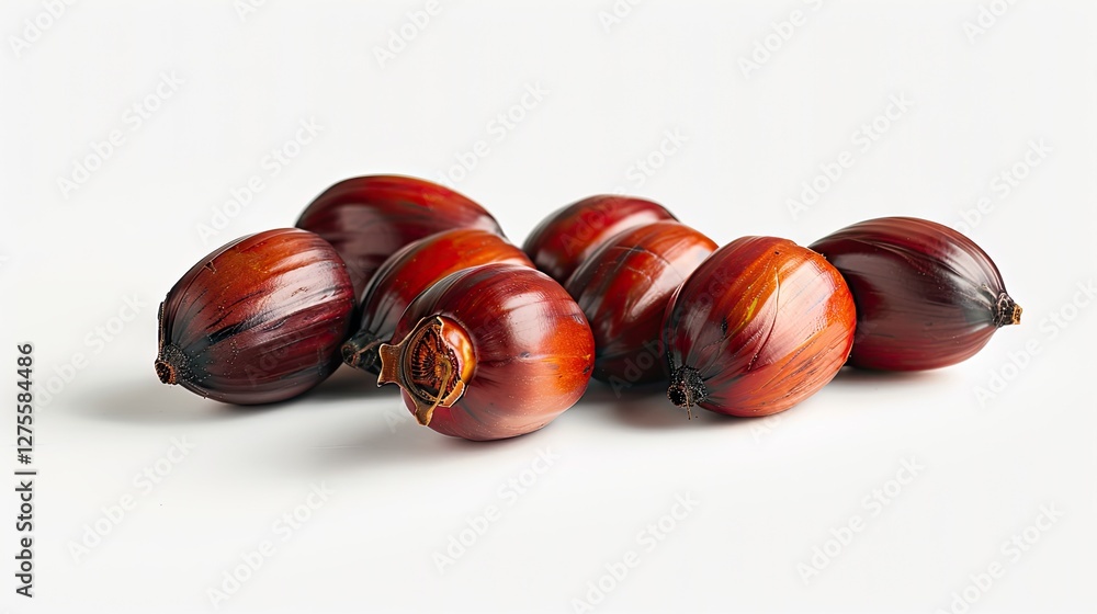 Poster Palm oil nuts displayed in a dynamic cluster on a clean white background showcasing rich red and brown tones with varied surface textures.