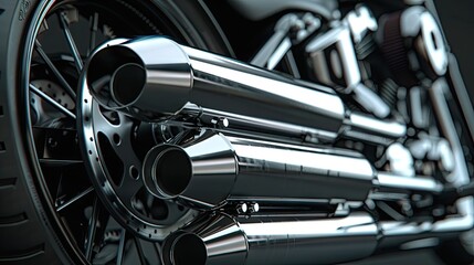 Shiny chrome motorcycle exhaust with multiple polished pipes positioned on the left side, showcasing intricate details against a dark background.