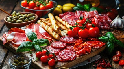 Italian antipasto platter featuring sliced cured meats like salami and prosciutto, cherry tomatoes, olives, and fresh basil on a rustic wooden table.