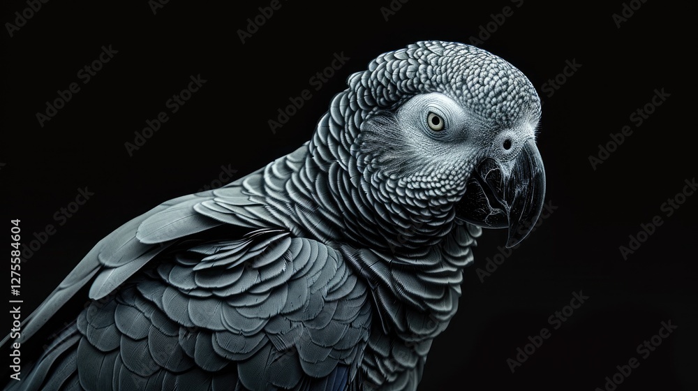 Poster elegant african gray parrot with intricate gray feathers and expressive eyes set against a dark back