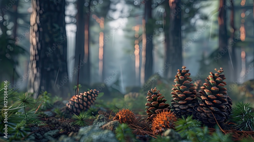Aufkleber Pine cones and rustic vines nestled among mossy forest floor with soft natural light filtering through tall trees in a serene woodland setting