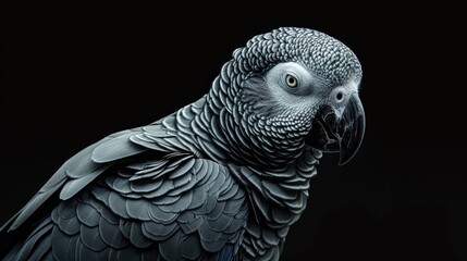 Obraz premium Elegant African gray parrot with intricate gray feathers and expressive eyes set against a dark background showcasing its beauty and intelligence.