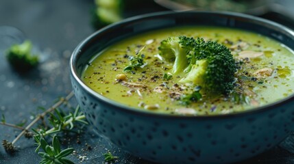 Vibrant green broccoli soup in a deep blue bowl adorned with fresh herbs and spices on a dark surface with broccoli florets scattered around