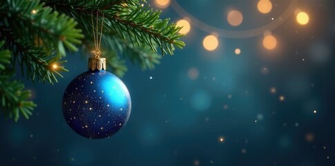 Twinkling blue Christmas ornaments suspended from a fragrant evergreen pine branch, branch, garland, lights