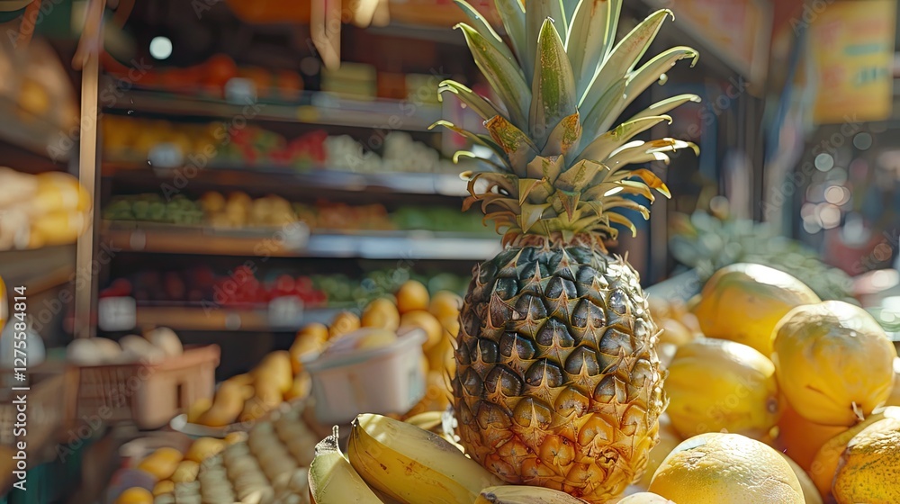 Poster ripe pineapple prominently displayed on a market stall surrounded by bananas and assorted fruits in 