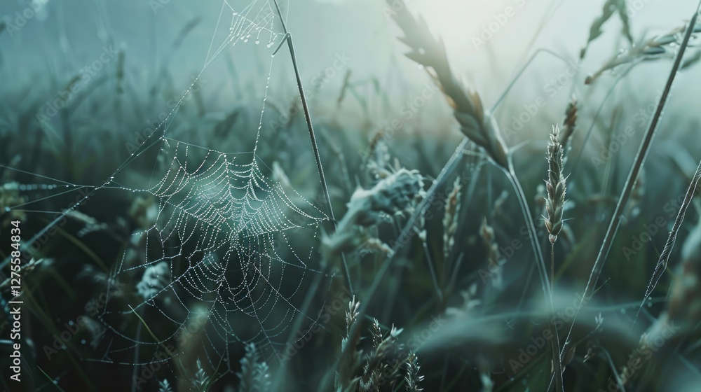 Aufkleber delicate spider web glistening in morning light between tall green grass blades with a soft misty ba