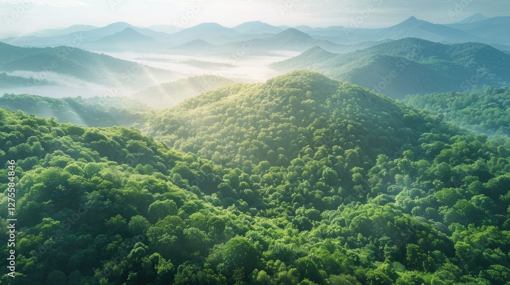 Poster aerial view of lush green mountains with gentle hills in bright summer light, misty valleys in the b