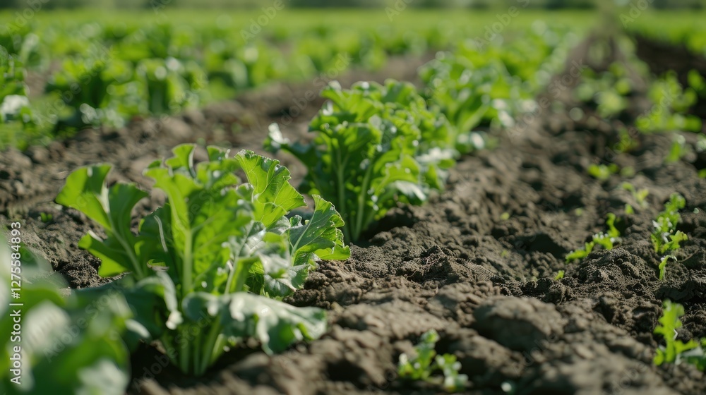 Poster rows of green fodder beet leaves on rich brown soil with sunlight illuminating a summer field under 