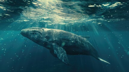 Fototapeta premium Sperm whale gliding gracefully near the ocean surface with sun rays illuminating the water creating a serene underwater scene