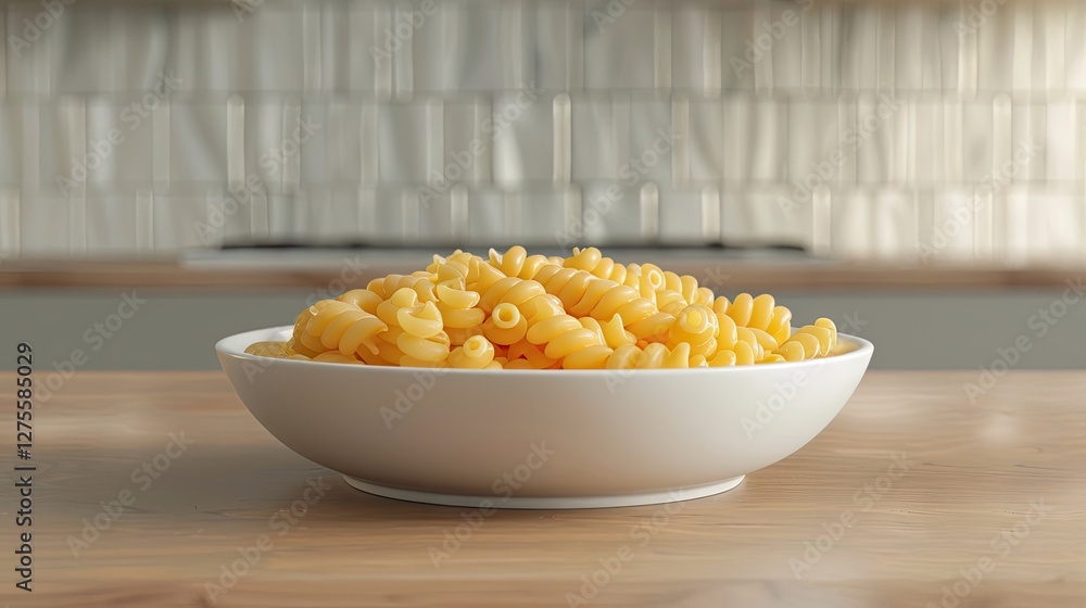 Poster raw macaroni pasta in a white bowl prominently displayed on a wooden table with a blurred kitchen ba