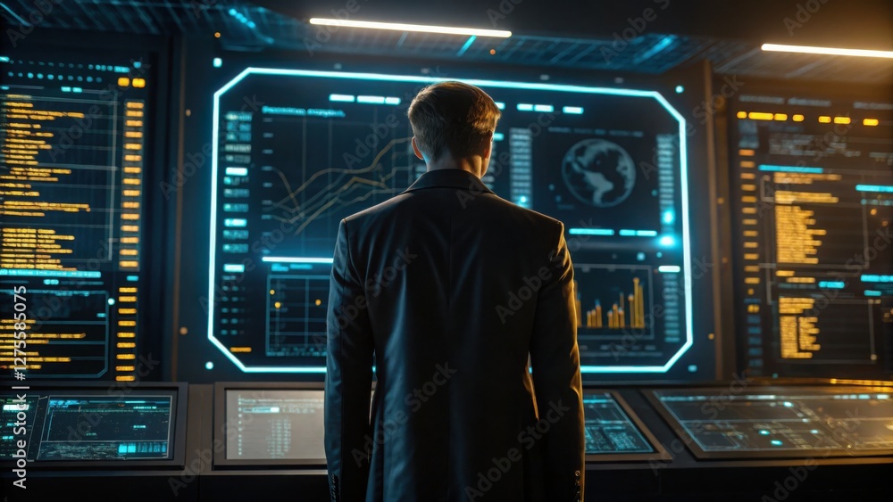 Poster gold investment with bullion and diversification concept. a person in a suit views digital screens w