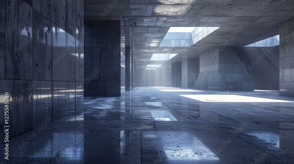 Fototapete modern concrete structure with reflective surfaces, illuminated by skylights creating a tranquil atm