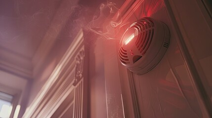 Installing a modern smoke alarm on beige wall with red indicator light and soft natural lighting illuminating the space and detailed architecture
