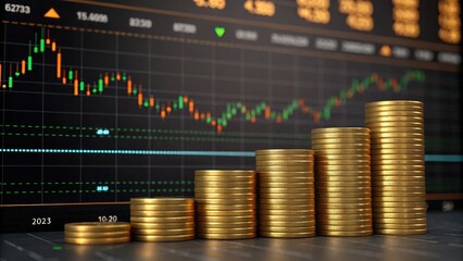 gold investment with bullion and diversification concept. Stacks of coins with a financial chart in the background showing market trends and growth.