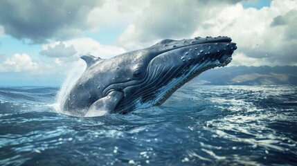 Fototapeta premium Majestic humpback whale breaching the surface in vibrant blue ocean with dramatic clouds in the background showcasing nature's beauty and wonder.