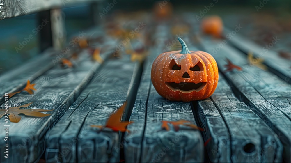 Poster halloween pumpkin with carved face placed on a textured wooden bench surrounded by autumn leaves und