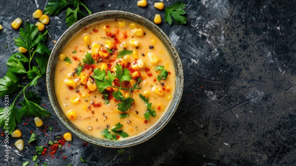 Poster homemade corn chowder in a textured bowl topped with parsley and paprika on a dark textured backdrop