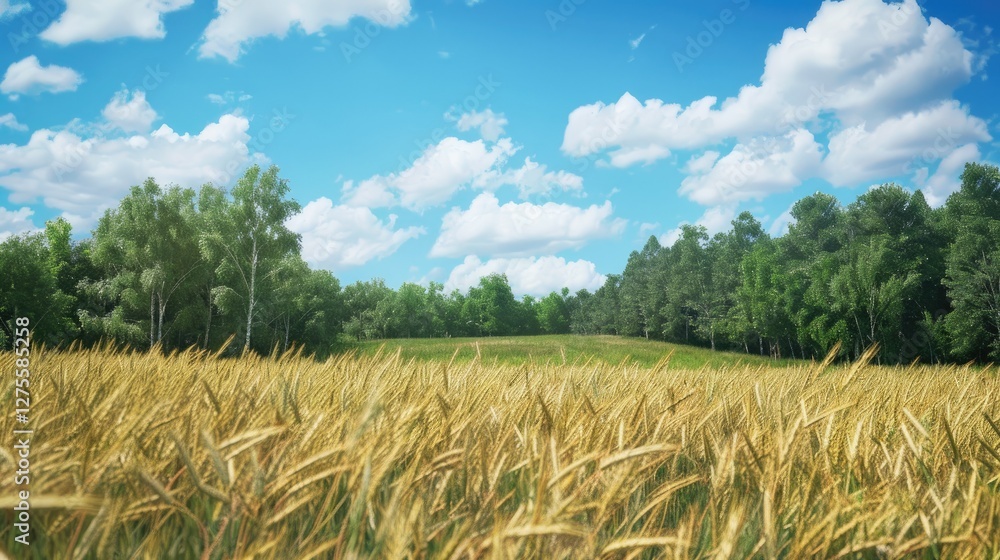 Poster golden rye ears swaying in a vast field under a bright blue sky with fluffy white clouds and a lush 