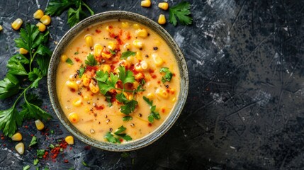 Homemade corn chowder in a textured bowl topped with parsley and paprika on a dark textured backdrop with scattered corn kernels and herbs.
