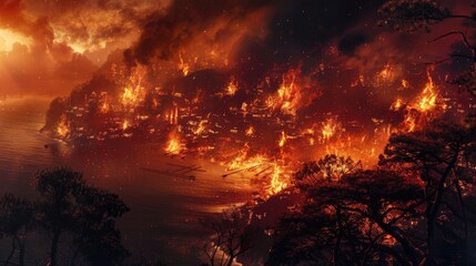 Coastal wildfire engulfing settlements against a fiery orange sky with dark smoke rising amidst charred trees in the foreground.