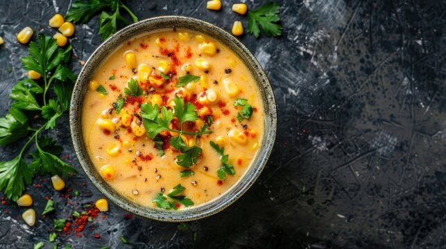 Homemade corn chowder in a textured bowl topped with parsley and paprika on a dark textured backdrop with scattered corn kernels and herbs.