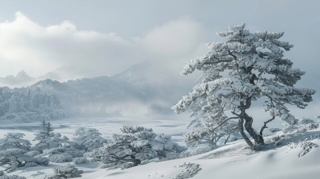 Serene winter landscape featuring snow-covered curled Japanese white pines on Iturup Kuril Islands with soft gray clouds and distant mountains