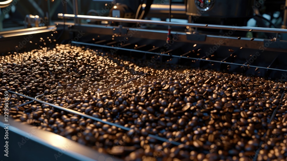 Poster freshly roasted coffee beans spread across a large cooling tray with warm brown tones and metallic s