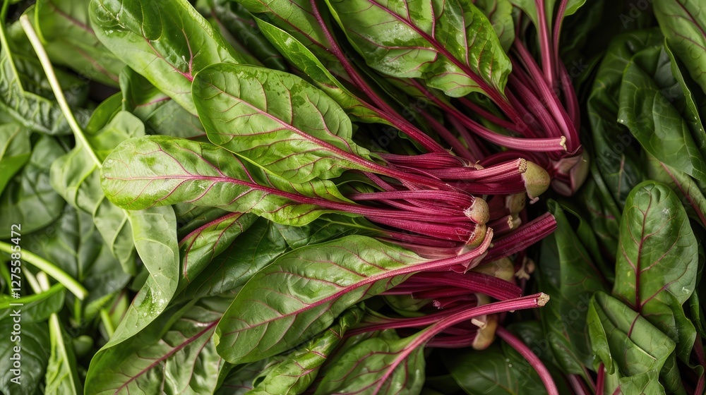 Poster Fresh Amaranth Chinese spinach with vibrant green leaves and deep red stems arranged densely in a supermarket produce section.