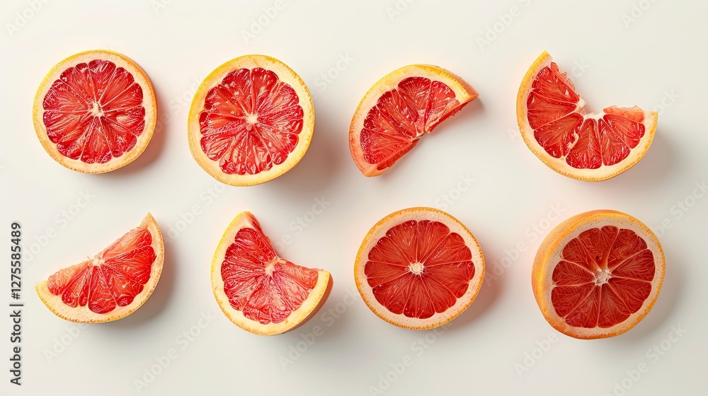 Poster Sliced red grapefruit arranged in a circular pattern on a light beige background showcasing vibrant red flesh and yellow rind in various sizes.